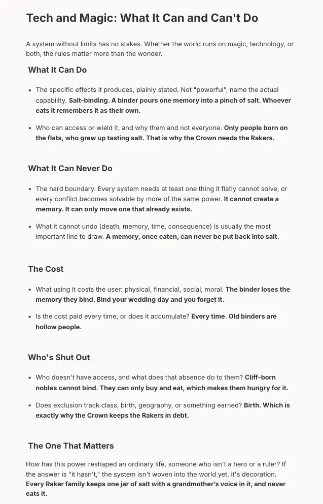 Tech and Magic note in Skrib listing what salt-binding can do, what it can never do, what it costs and who is shut out