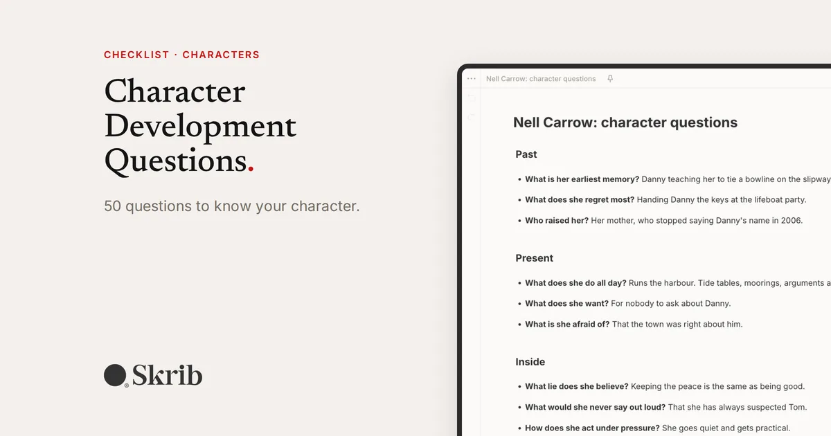 Cover image for “Character Development Questions: 50 Questions to Know Your Character” on the Skrib blog