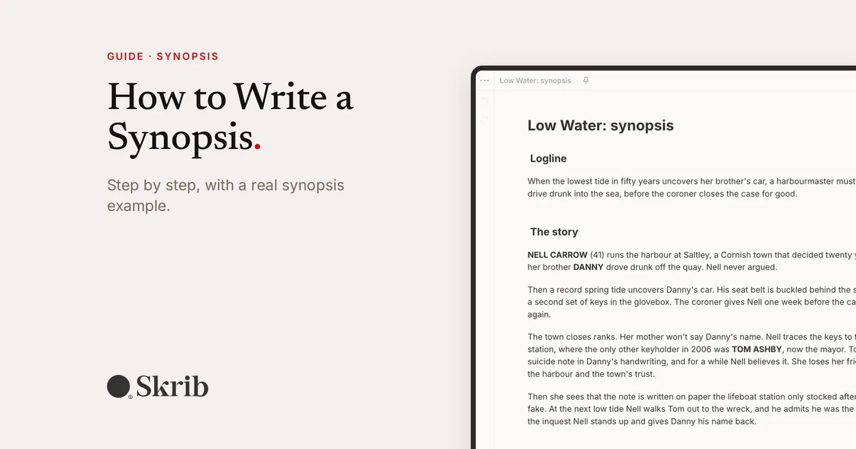 Cover image for “How to Write a Synopsis: Step by Step, With a Real Synopsis Example” on the Skrib blog