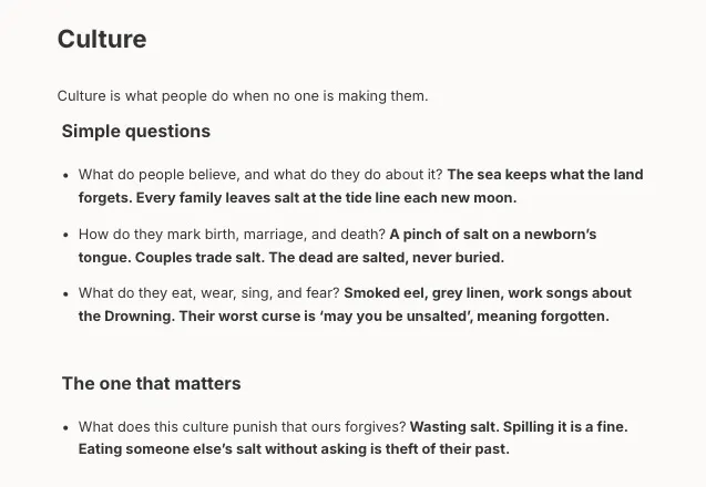 Culture note in Skrib with beliefs, rituals, daily life and what this culture punishes