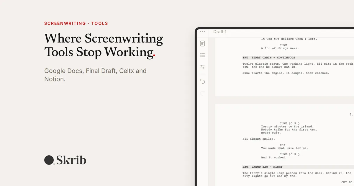 Cover image for “Google Docs, Final Draft, Celtx: Where Screenwriting Tools Stop Working” on the Skrib blog