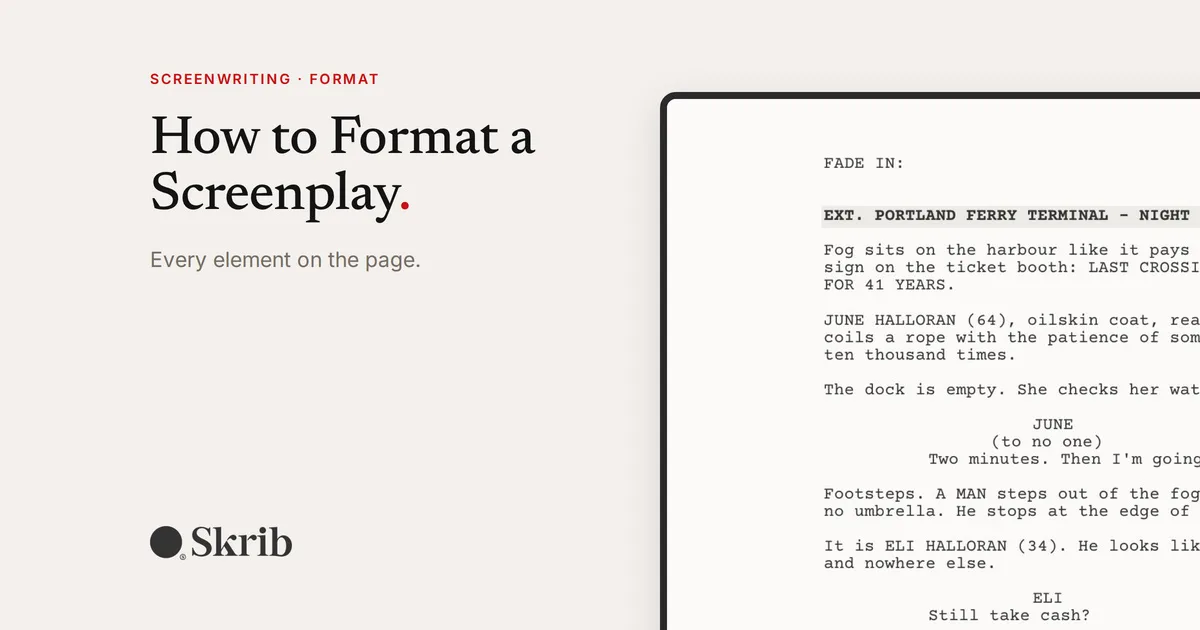 Cover image for “How to Format a Screenplay: Every Element on the Page” on the Skrib blog