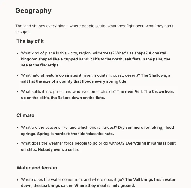 Geography note in Skrib with answers about the shape of the land, climate, water and terrain