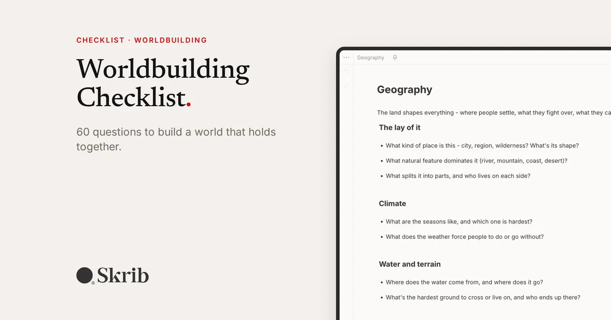 Cover image for “Worldbuilding Checklist: 60 Questions to Build a World That Holds Together” on the Skrib blog
