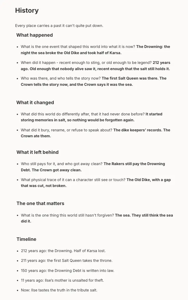 History note in Skrib with the one event that shaped the world and a five-line timeline