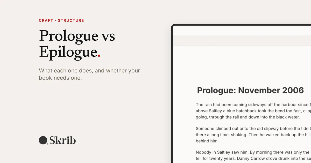 Cover image for “Prologue vs Epilogue: What Each One Does and Whether Your Book Needs One” on the Skrib blog