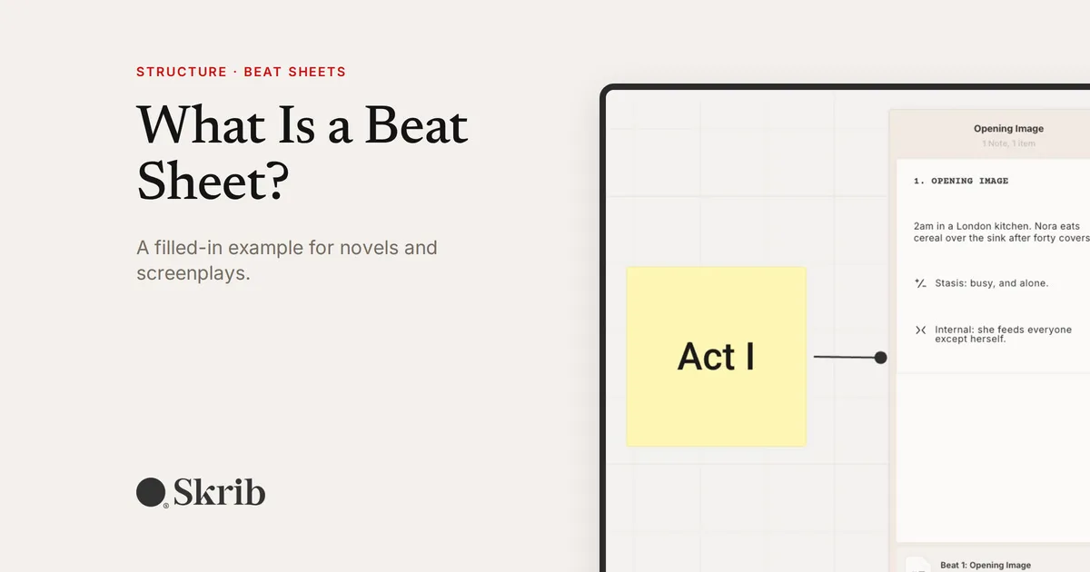 Cover image for “What Is a Beat Sheet? A Filled-In Example for Novels and Screenplays” on the Skrib blog
