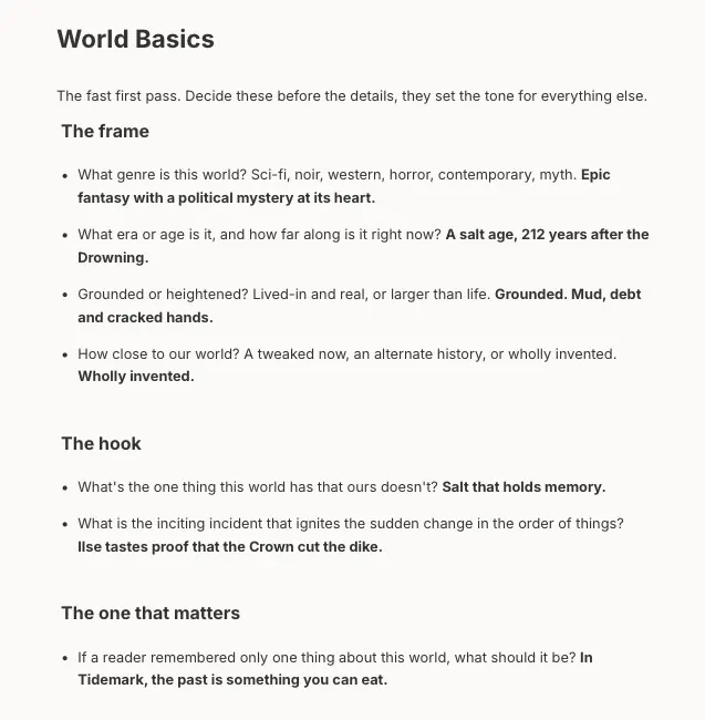 World Basics note in Skrib with genre, era, tone and the one thing this world has that ours doesn't