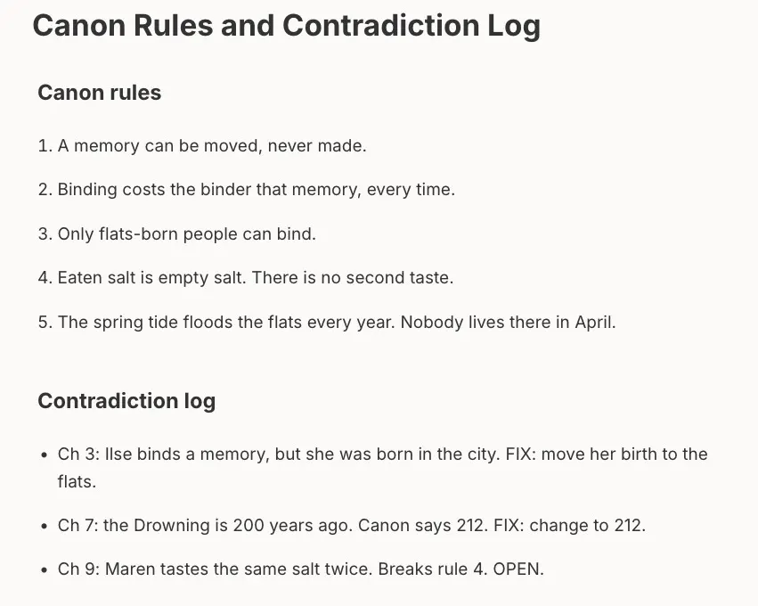 Canon rules and contradiction log note in Skrib with five rules and three logged contradictions