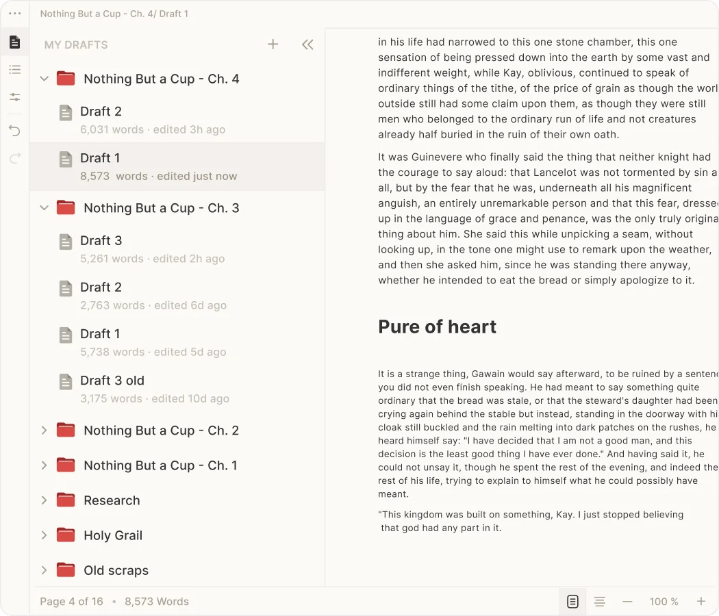 A long fanfiction chapter with earlier drafts organized in Skrib