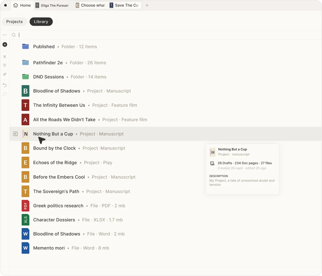 Fanfiction projects and reference files organized in the Skrib Library