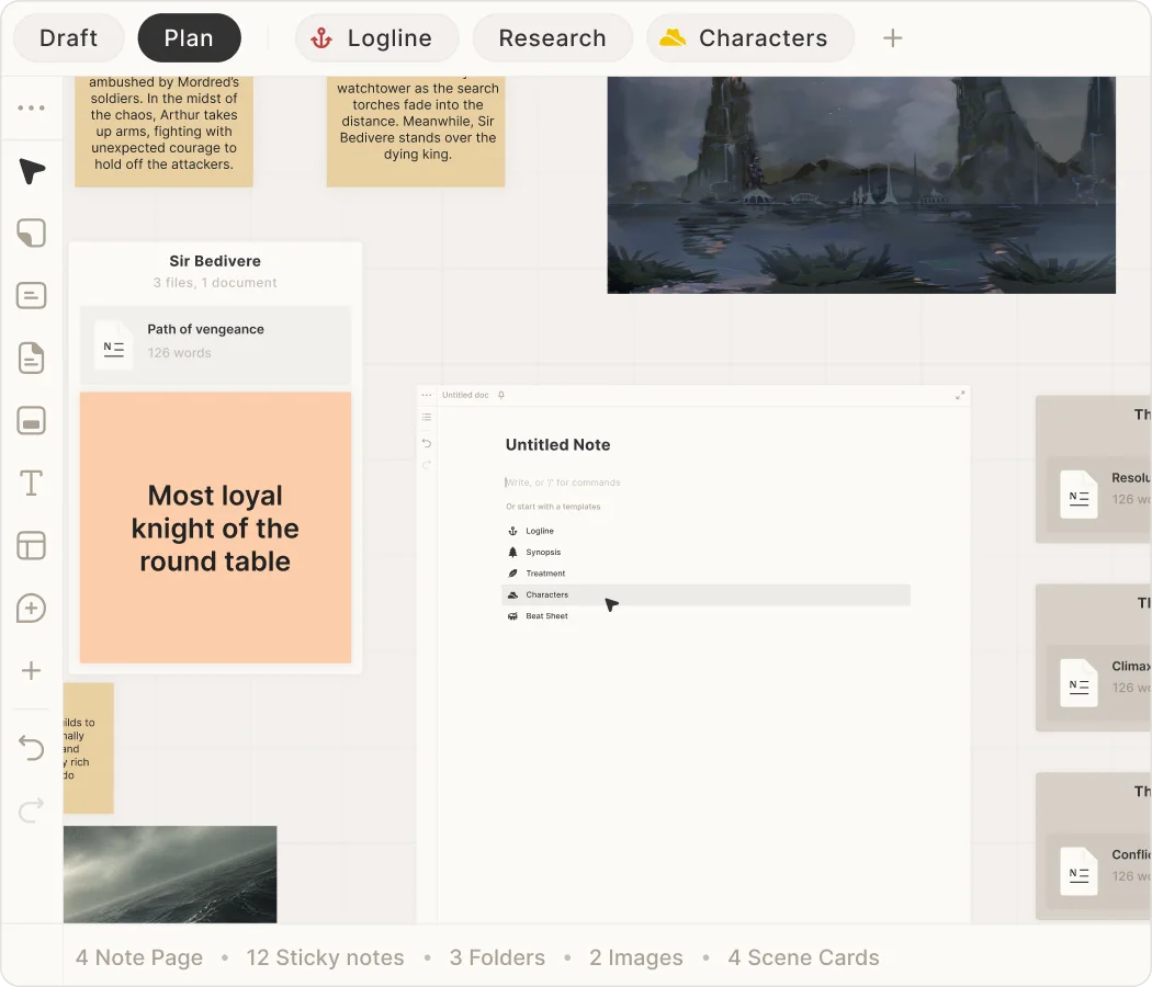 Fanfiction story beats, character notes, and references on a Skrib board