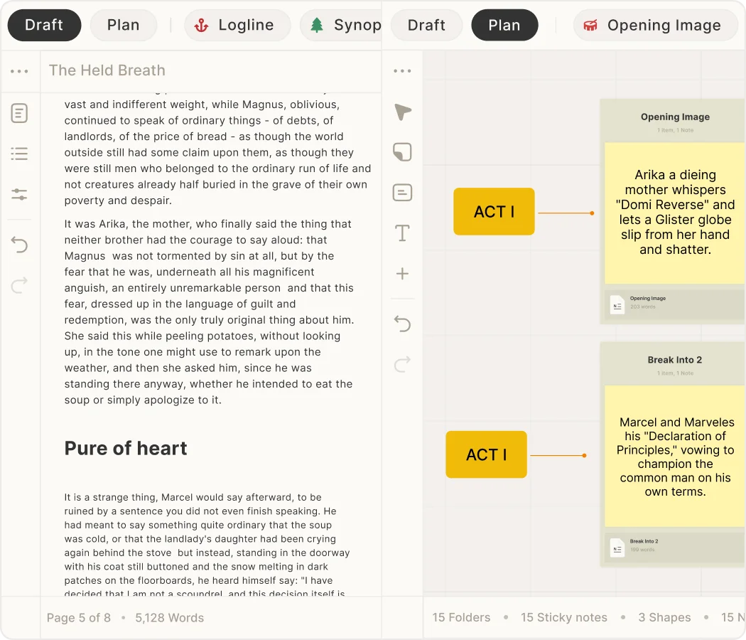 A fanfiction draft open beside canon notes and visual references in Skrib