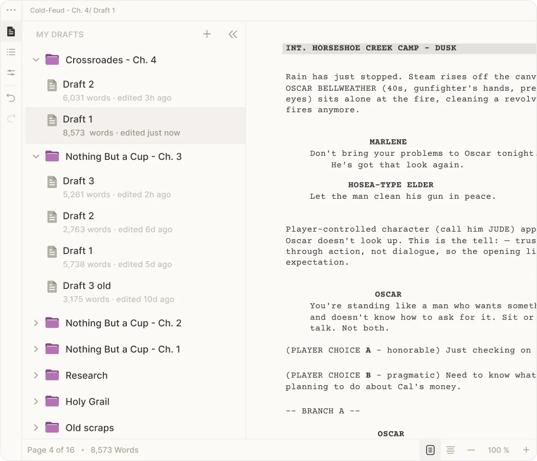 A branching game dialogue scene in the Skrib editor