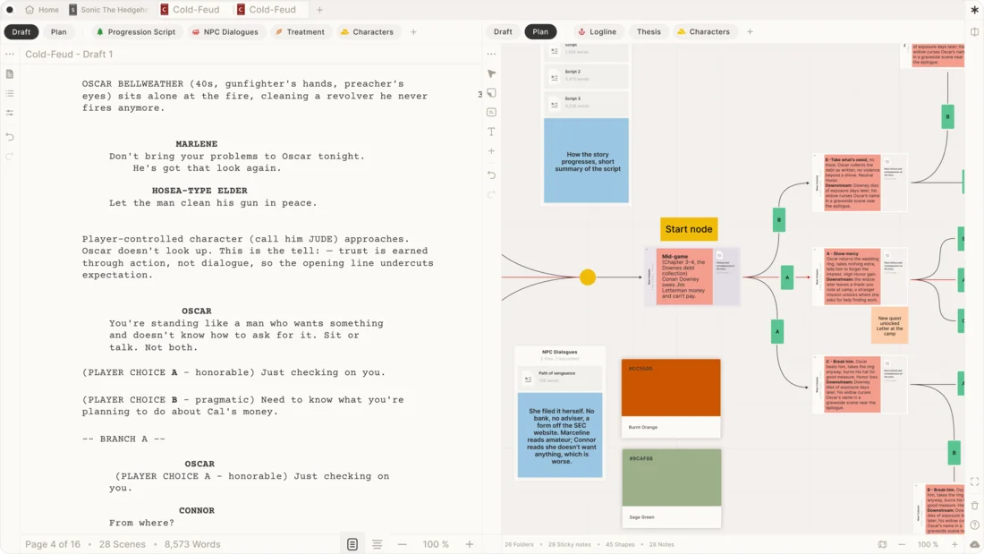 A game script open beside a branching narrative map in Skrib