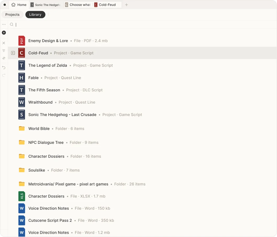 Game scripts, worldbuilding folders, and voice notes in the Skrib Library