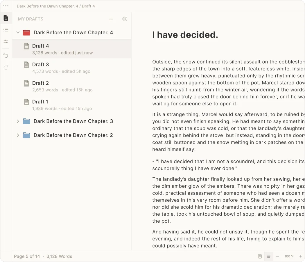 A novel chapter and its earlier drafts in the Skrib editor