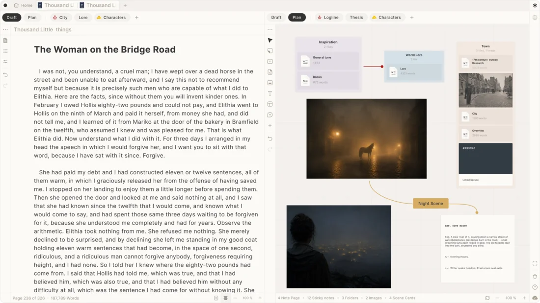 A novel manuscript open beside its visual story board in Skrib