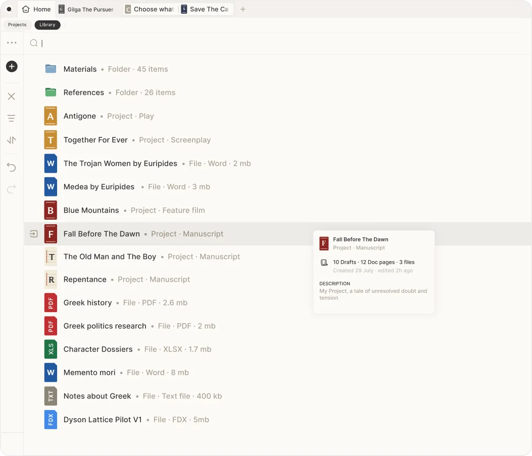 A novelist’s projects, research, and imported files in the Skrib Library