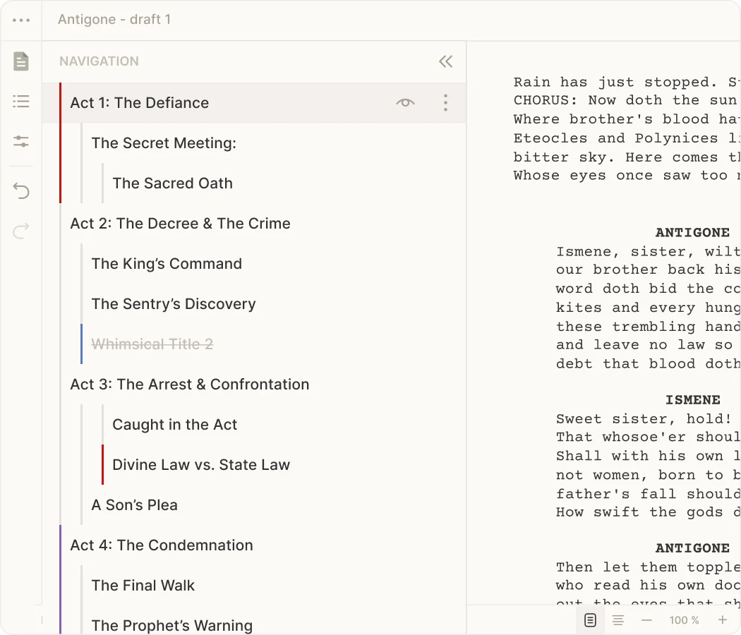 A stage play draft with revisions organized in the Skrib editor