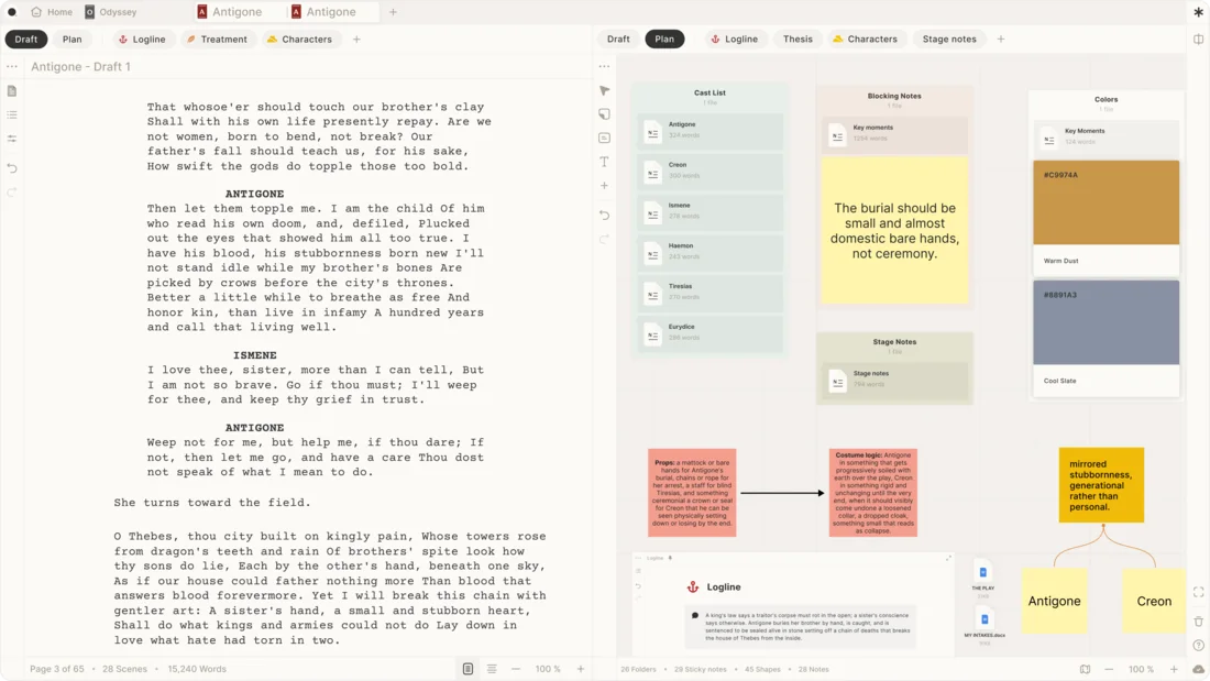 A stage play draft open beside cast, blocking, and design notes in Skrib
