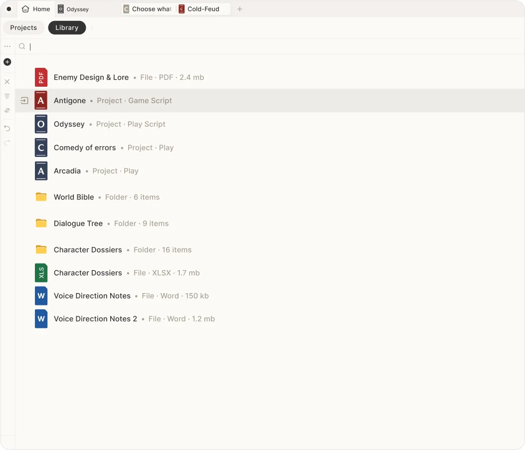 Play scripts and production reference files organized in the Skrib Library