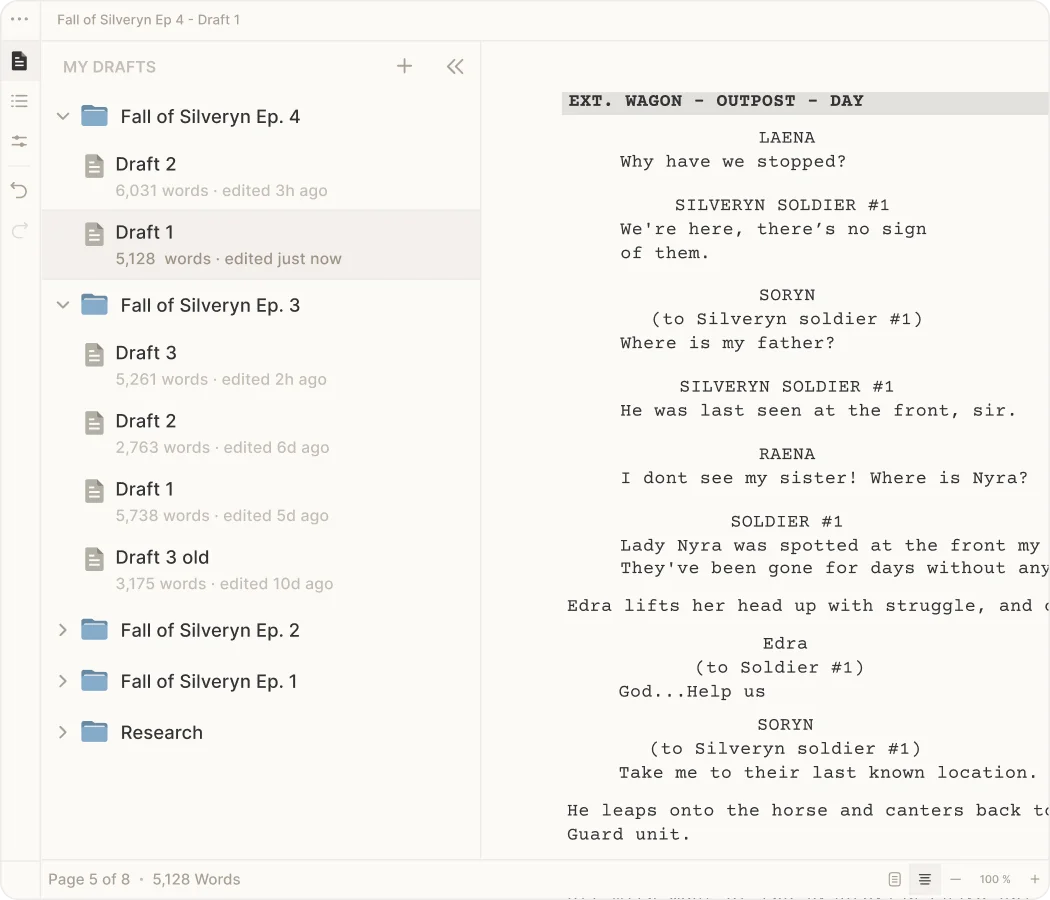 A formatted screenplay scene with revisions listed beside it in Skrib