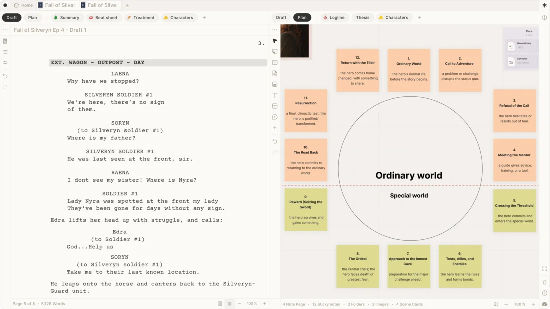 A formatted screenplay open beside a visual story structure board in Skrib