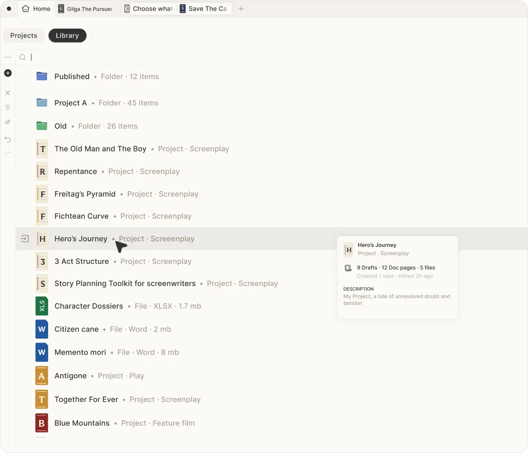 Screenplays and research files organized in the Skrib Library