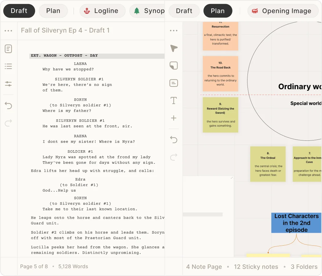 A screenplay draft and visual story plan shown side by side in Skrib
