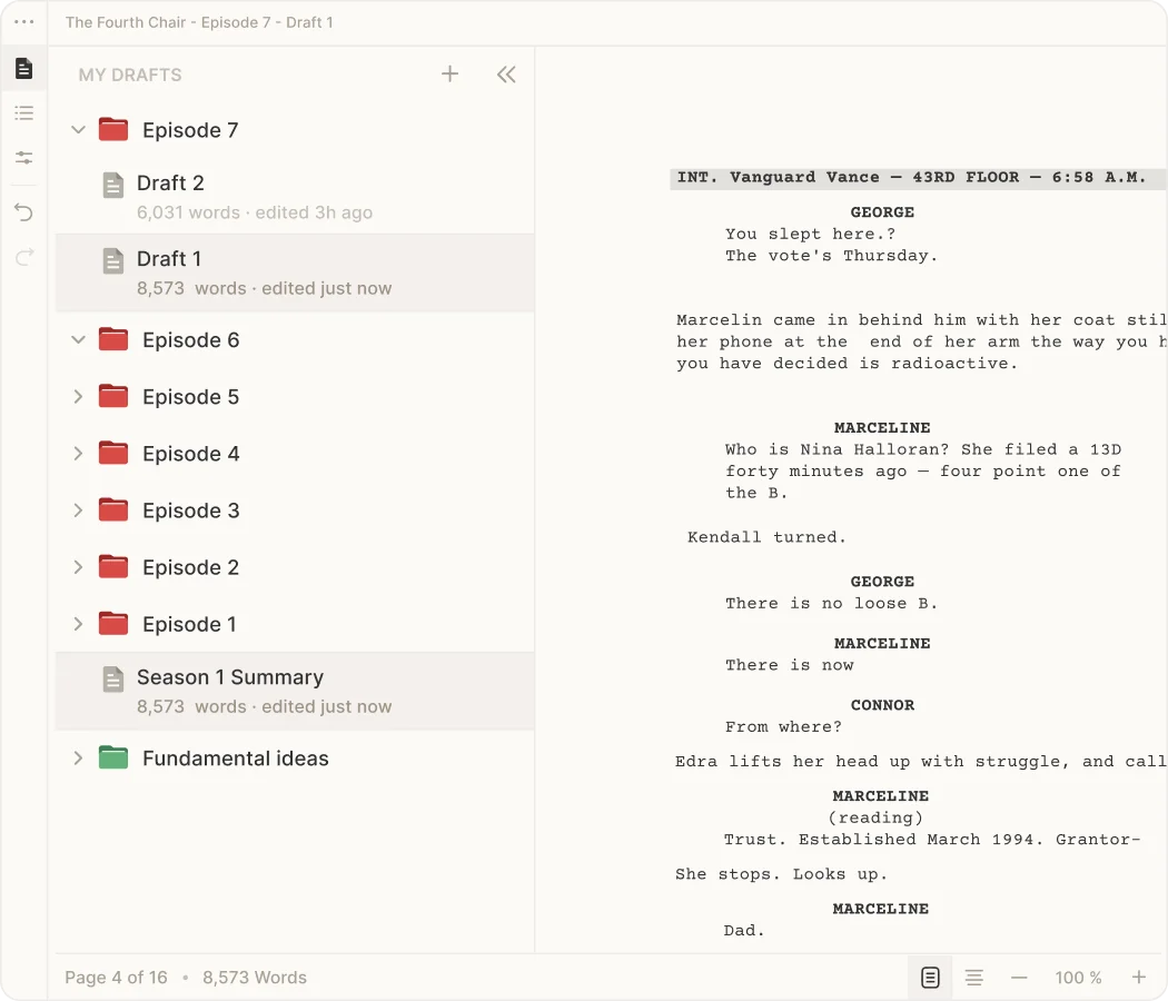 A serial project organized by installment and draft in the Skrib editor