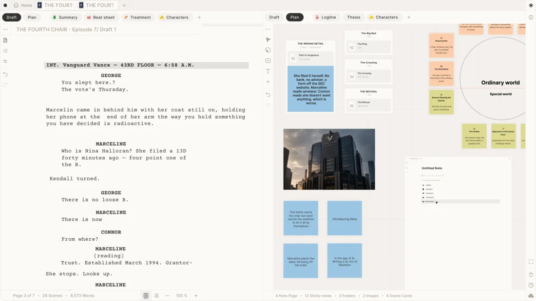 An episodic draft open beside a long-running visual story plan in Skrib